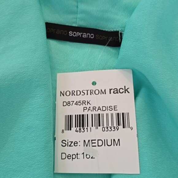 Soprano Women's Mini Dress Size Medium Aqua Navy Blue Draped Cascading Cocktail - Picture 4 of 13